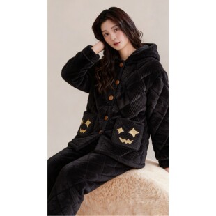 2026新款睡衣女三成夹棉加绒加厚宽松卡通连帽家居服