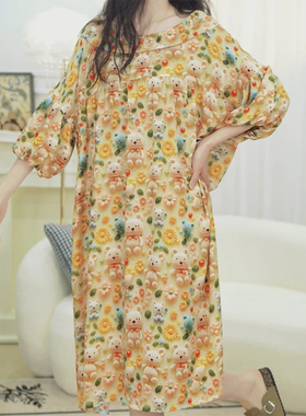 【50302】夏季中袖时尚女士2025新款棉绸家居宽松印花透气睡裙