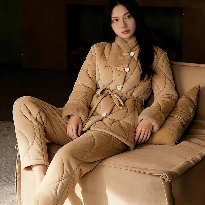 冬季三层夹棉加绒女家居服可外穿