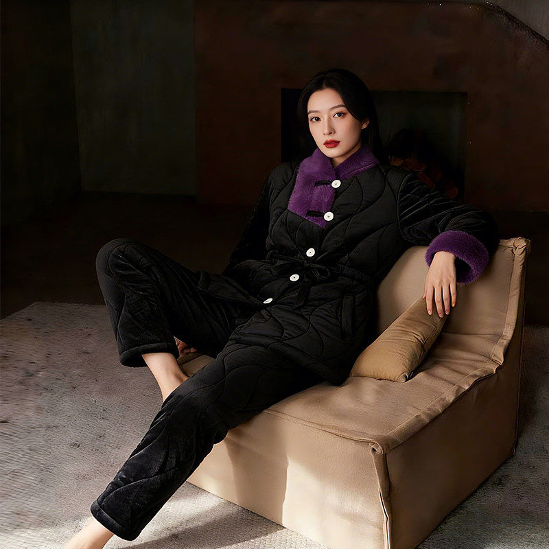 秋冬女三层夹棉加绒家居服套装