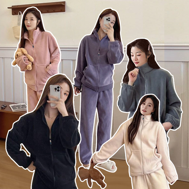 春秋男女同款情侣运动宽松加绒立领居家外穿卫衣家居服套装