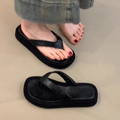 羊皮版厚底外穿夹趾人字拖鞋女