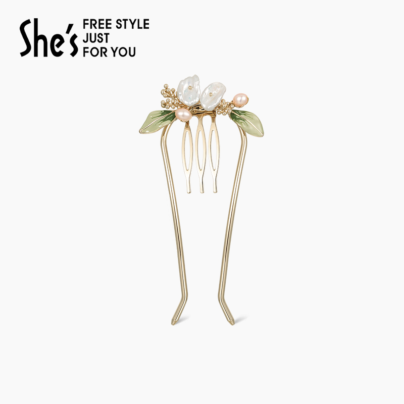 shes清新滴油珍珠片花朵U型插梳