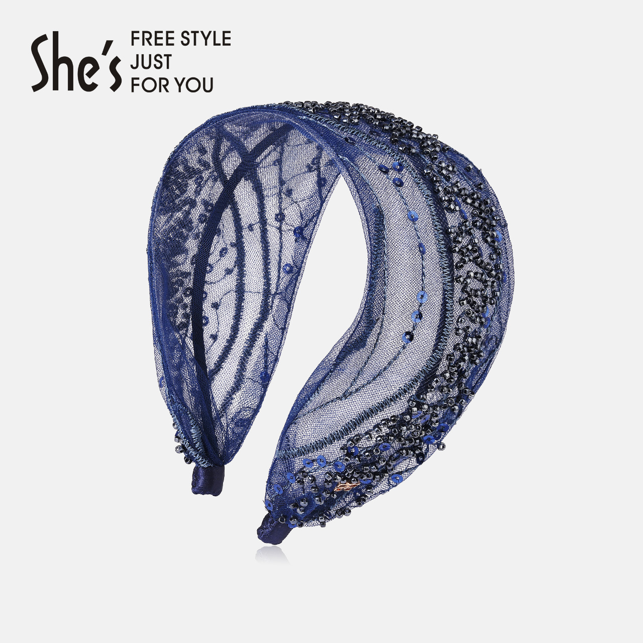 shes茜子蓝色网纱手工钉珠宽发箍