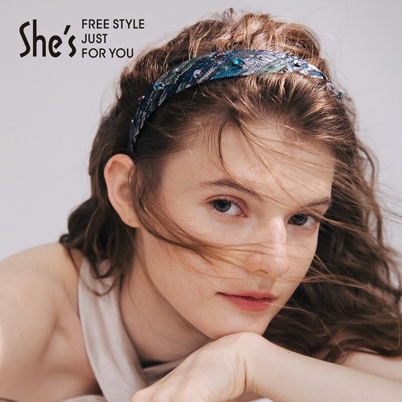 shes茜子摩登珠片系列时尚撞色提花手工钉珠发箍女百搭头箍头饰