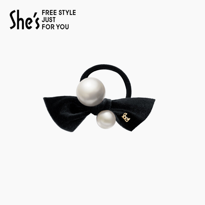 shes茜子轻简循迹复古丝绒仿珍珠蝴蝶结布艺发圈发绳皮筋弹力耐用