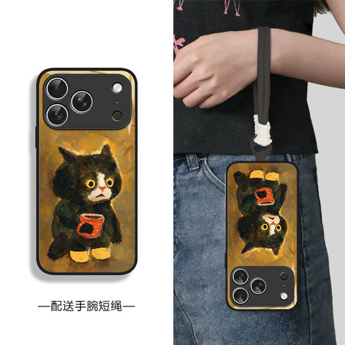 复古黄底油画猫咪适用于iPhone18promax手机壳苹果17新款18pro液态玻璃15带挂绳14全包镜头13艺术感air保护套