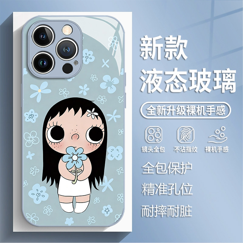 适用苹果17promax手机壳iphone16pro蓝花女孩小玉yuy15plus新款玻璃14卡通13mini少女12清新11甜美x/8潮xr/xs