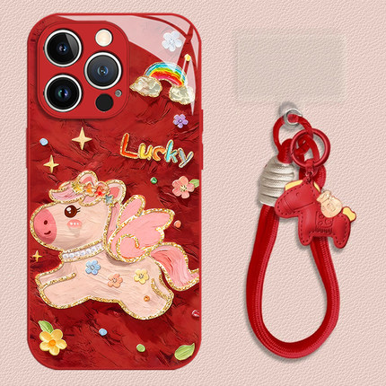 适用于OPPOreno15pro手机壳reno14油画小飞马13新款玻璃12红色喜庆11新年过年10pro+马年本命年9喜庆8防摔7/6