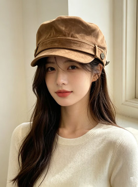 复古麂皮绒平顶马术帽子女秋冬显脸小大头围美拉德时尚鸭舌贝雷帽