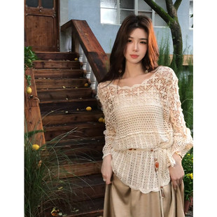 女秋季 喇叭袖 新款 外搭罩衫 上衣潮 大码 波西米亚风钩花镂空针织衫