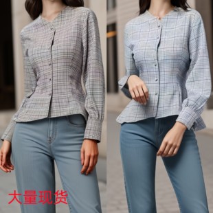 燕尾长袖 秋冬格子修身 衬衣潮 新款 外贸速卖通wish衬衫