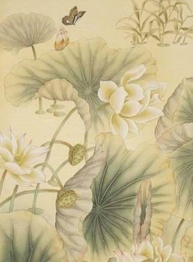 真丝手绘壁纸蝴蝶荷花电视玄关沙发背景丝绸墙纸silk wallpapr