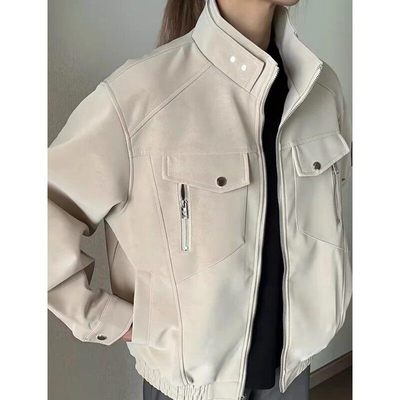 2025新款蓝色短款pu皮夹克男款秋季立领机车服皮衣中青年工装外套