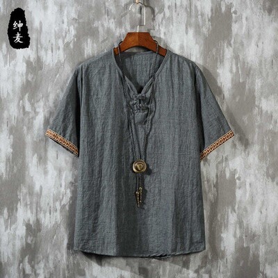 夏季中国风男装短袖仿亚麻T恤宽