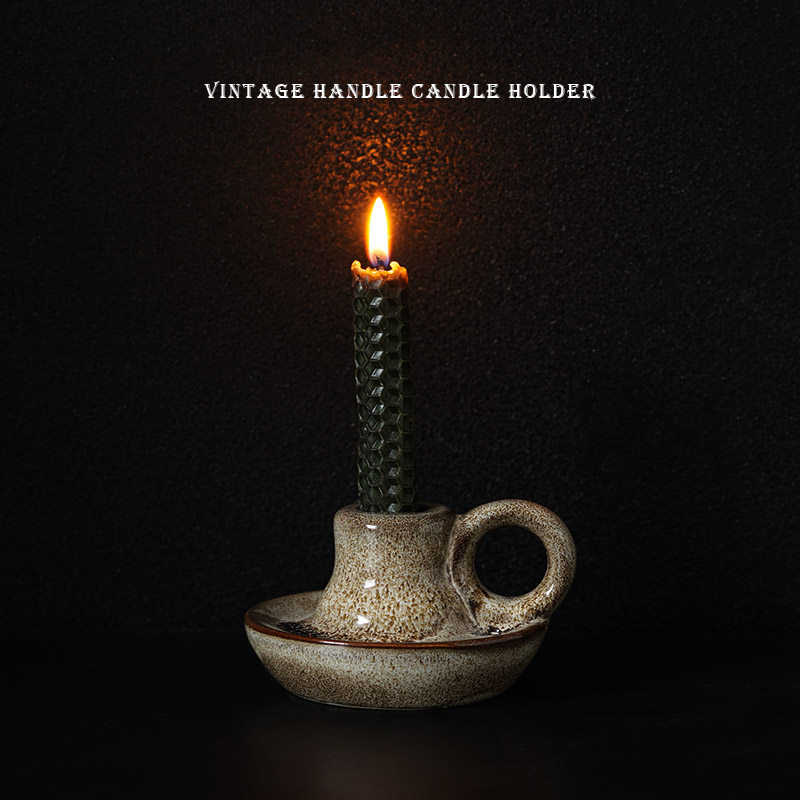 出口欧式个性复古做旧芝麻釉色带手柄烛台陶瓷吧台氛围感烛托摆件