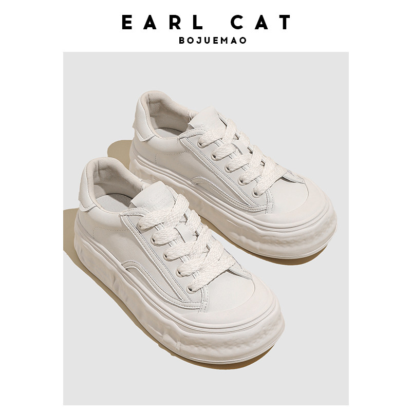 伯爵猫真皮厚底板鞋2024新款百搭设计感饼干休闲小白鞋女潮鞋学生