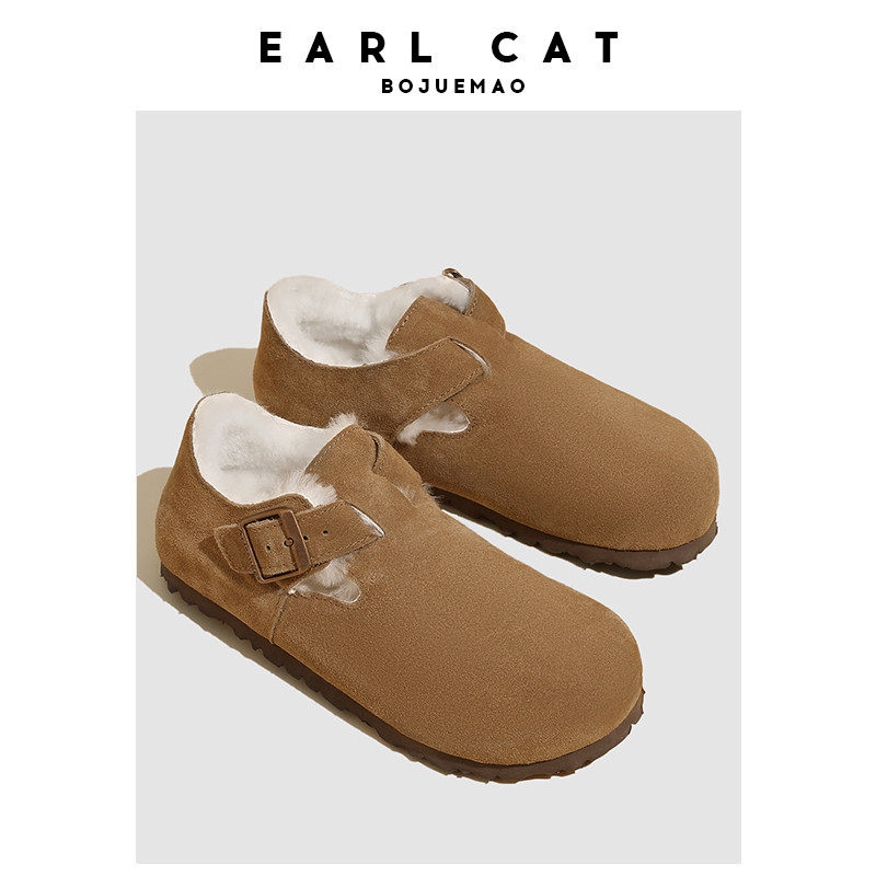 伯爵猫勃肯鞋女2023秋冬加绒真皮软木皮毛一体平底博肯鞋三喜同款