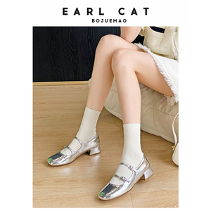 伯爵猫女鞋2023秋季新款银色单鞋粗跟方头浅口小皮鞋法式玛丽珍鞋