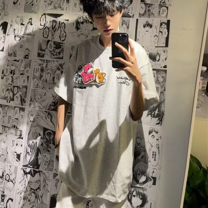 美式复古三只小猫魔术贴短袖t恤男夏季小众设计感百搭休闲上衣ins