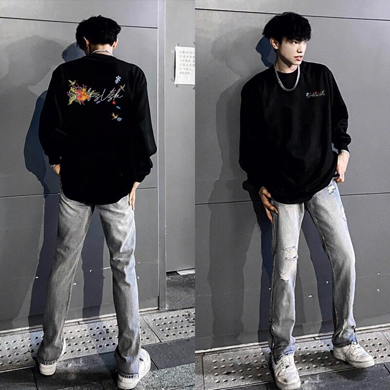 美式潮牌高街设计印花长袖T恤男款秋季纯棉重磅圆领百搭打底上衣