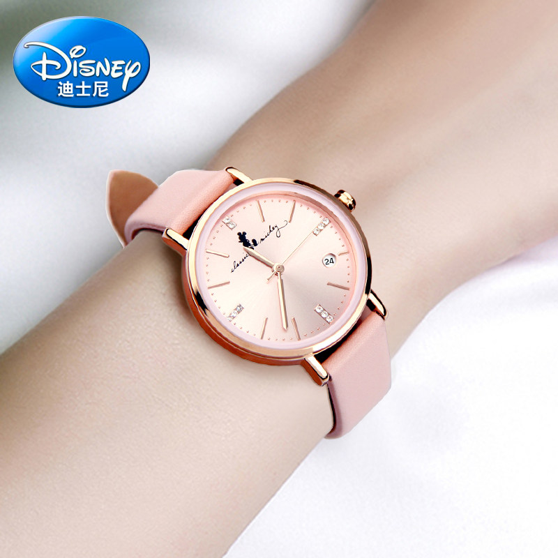 迪士尼手表女学生简约气质防水初中生夜光大气细带小巧手表高中生