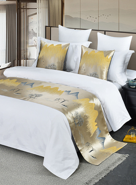 新中式酒店宾馆民宿客栈床搭巾装饰绿色床尾巾蓝色山水画轻奢床旗