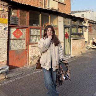 女装大码棉服冬季新款毛领宽松显瘦米白夹棉外套胖mm保暖休闲棉衣