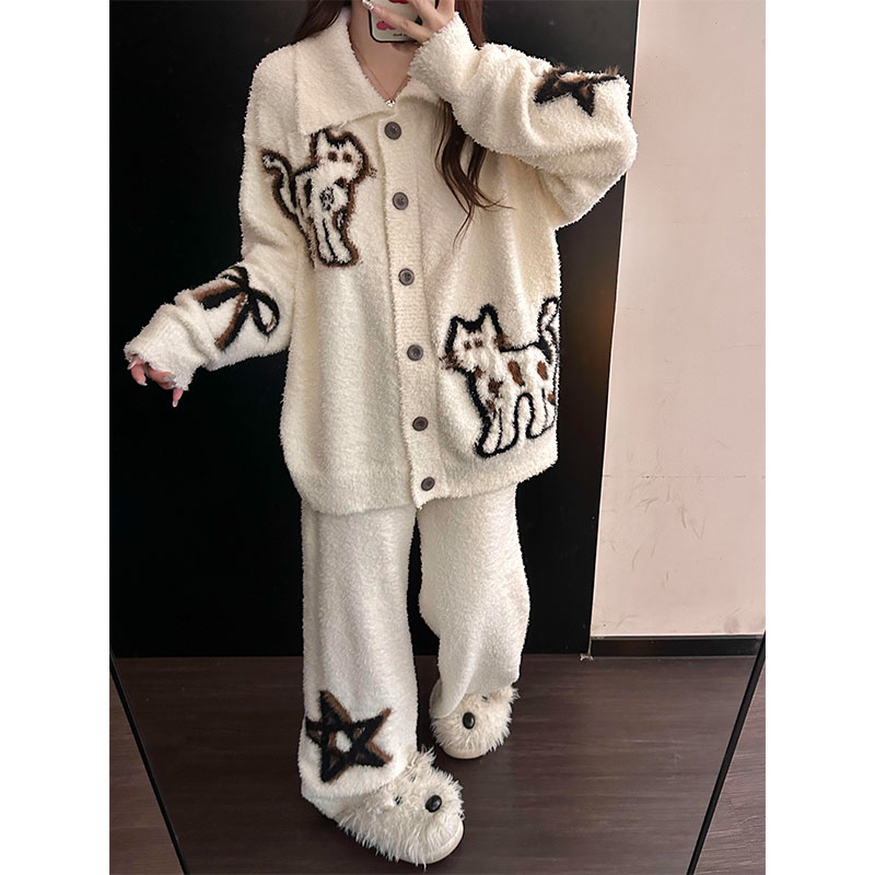 日系可爱小猫印花半边绒睡衣女