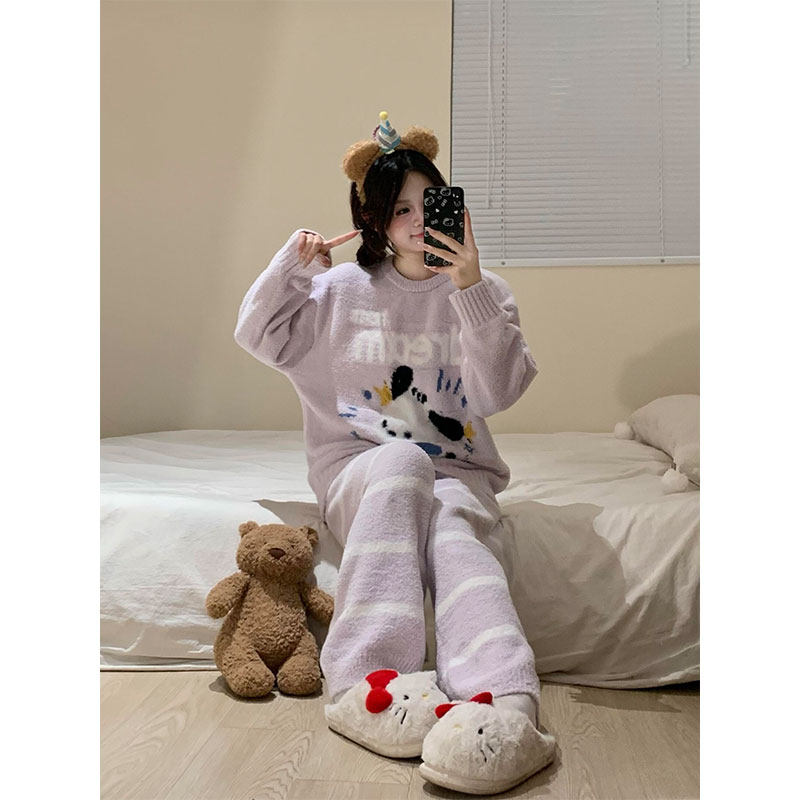 甜美可爱卡通小狗半边绒睡衣女秋冬保暖加绒加厚家居服套装可外穿