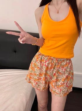 复古黄色无袖吊带睡衣女