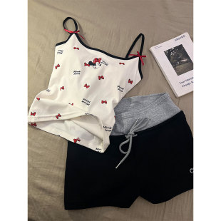 甜美萌系风卡通蝴蝶结拼接睡衣女春夏新款 家居服两件套可外出 短裤