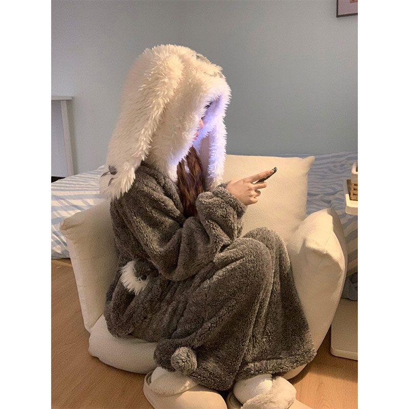 软萌可爱兔子长耳连帽珊瑚绒睡衣
