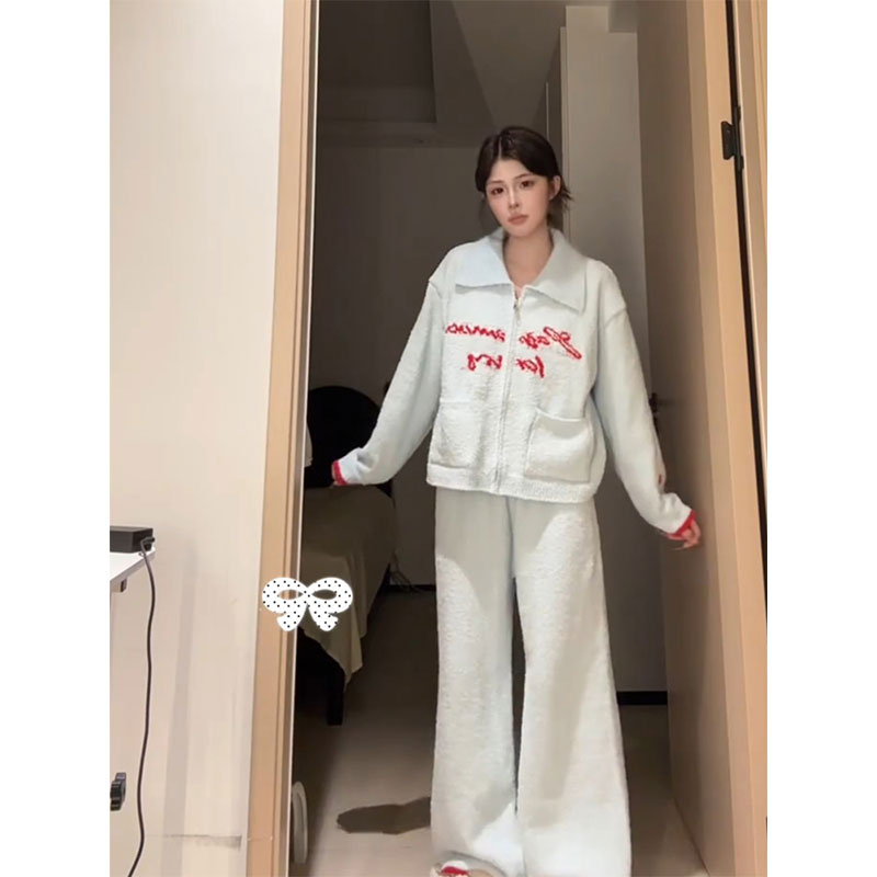 韩系蓝色休闲开衫针织睡衣女