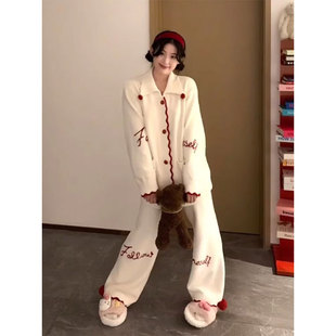 针织半边绒睡衣女款秋冬季加厚甜美法兰绒开衫长裤大码家居服套装