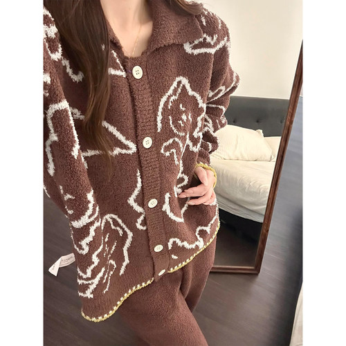 韩版撞色几何图案针织开衫女秋冬