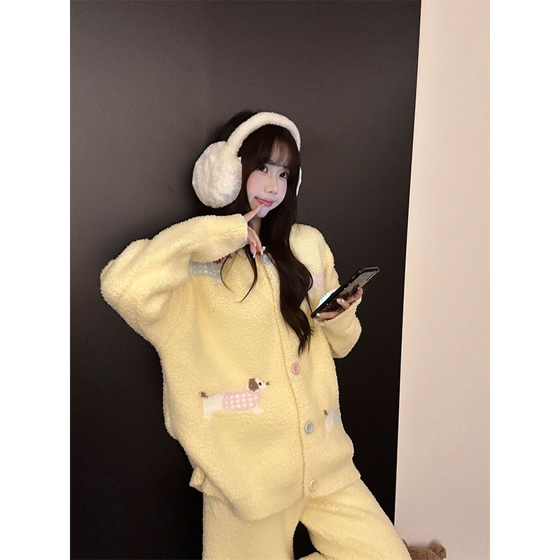 可爱小狗印花针织半边绒睡衣女