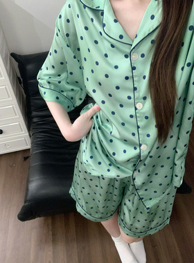 韩系绿色波点翻领冰丝睡衣女夏季薄款冰丝凉感家居服两件套可外穿