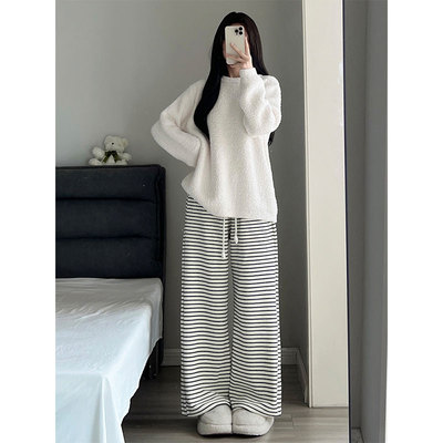 韩系简约条纹半边绒睡衣女款秋