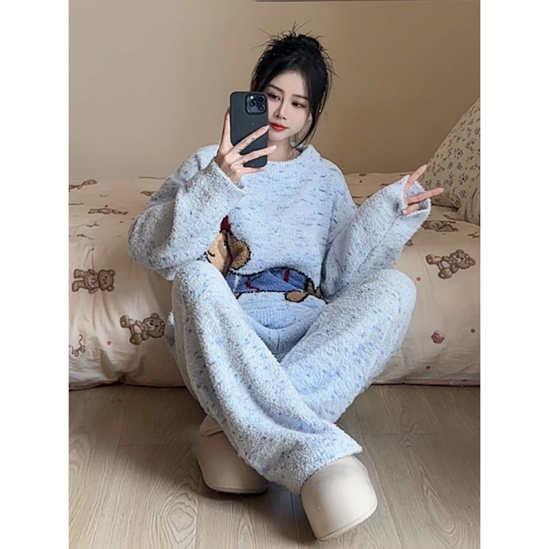 韩版可爱小狗半边绒睡衣套装