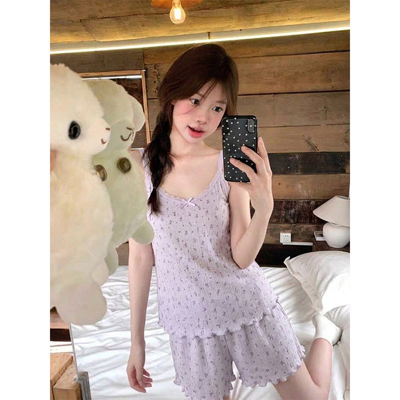纯欲温柔紫色调小碎花吊带睡衣女春夏新款慵懒风家居服套装可外穿