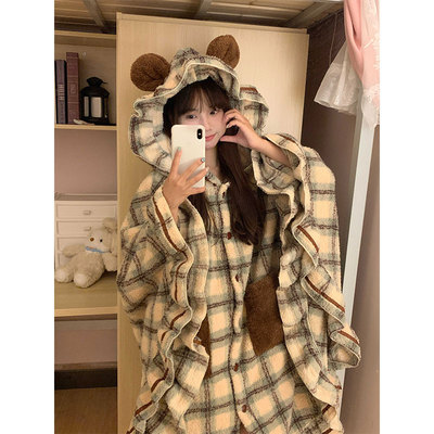 连帽加厚斗篷冬季珊瑚绒睡袍可爱
