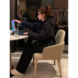 复古黑色连帽大码睡衣女秋冬季新款保暖加绒加厚可出门家居服套装