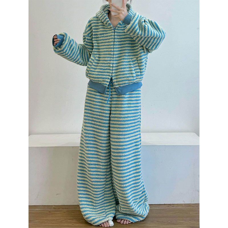 韩系撞色条纹珊瑚绒睡衣女冬季新款加绒加厚保暖家居服套装可外出,女士内衣/男士内衣/家居服,睡衣/家居服套装,淘宝优惠券,粉丝福利购,淘宝优惠卷