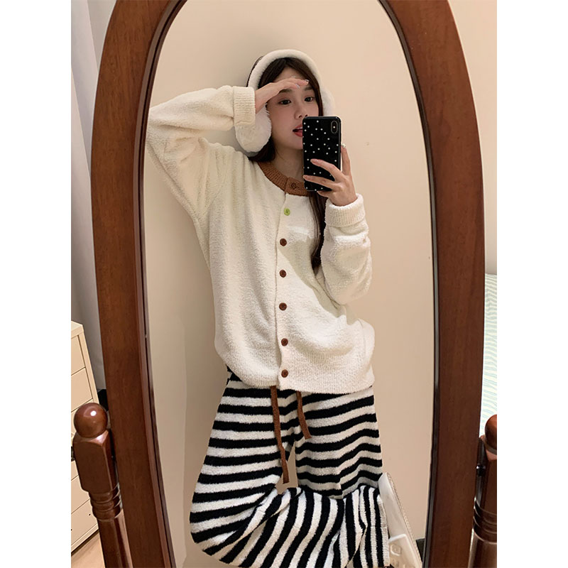 ins简约半边绒睡衣女秋冬季