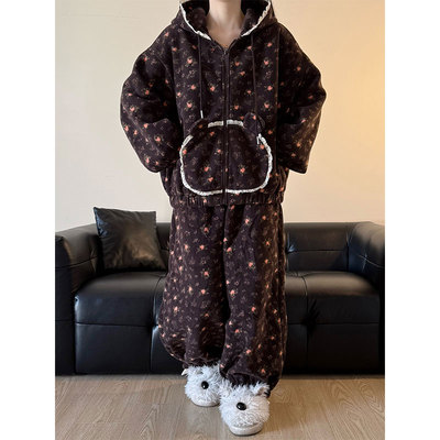 复古碎花毛绒连帽睡衣女2025秋冬