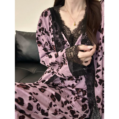 性感豹纹蕾丝拼接睡衣女2026秋季新款开衫式长袖居家服套装可外穿