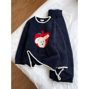 苹果印花半边绒睡衣女秋冬季新款大码保暖家居长袖长裤休闲服套装