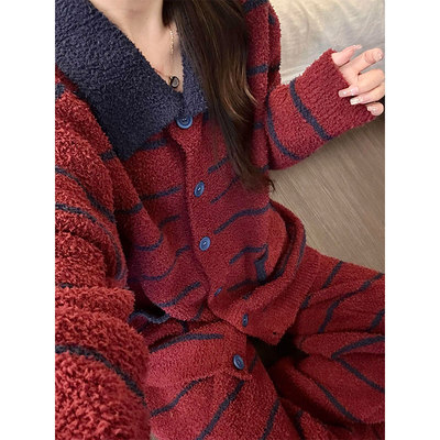 高级感复古慵懒条纹半边绒睡衣