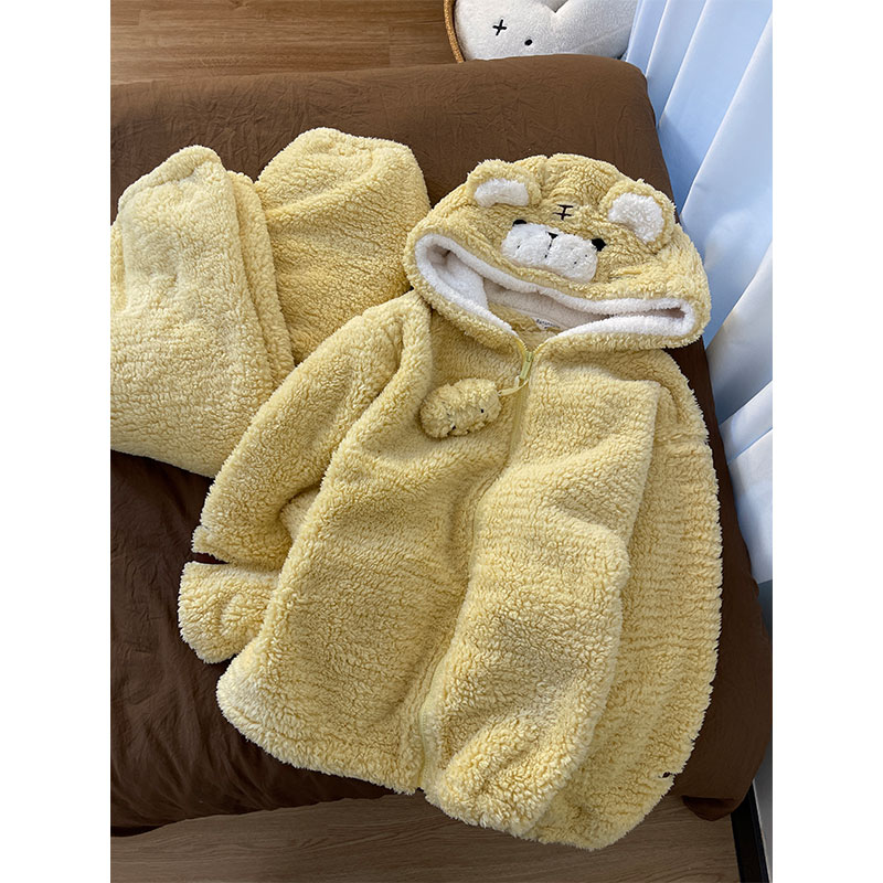 韩系可爱卡通老虎连帽珊瑚绒睡衣